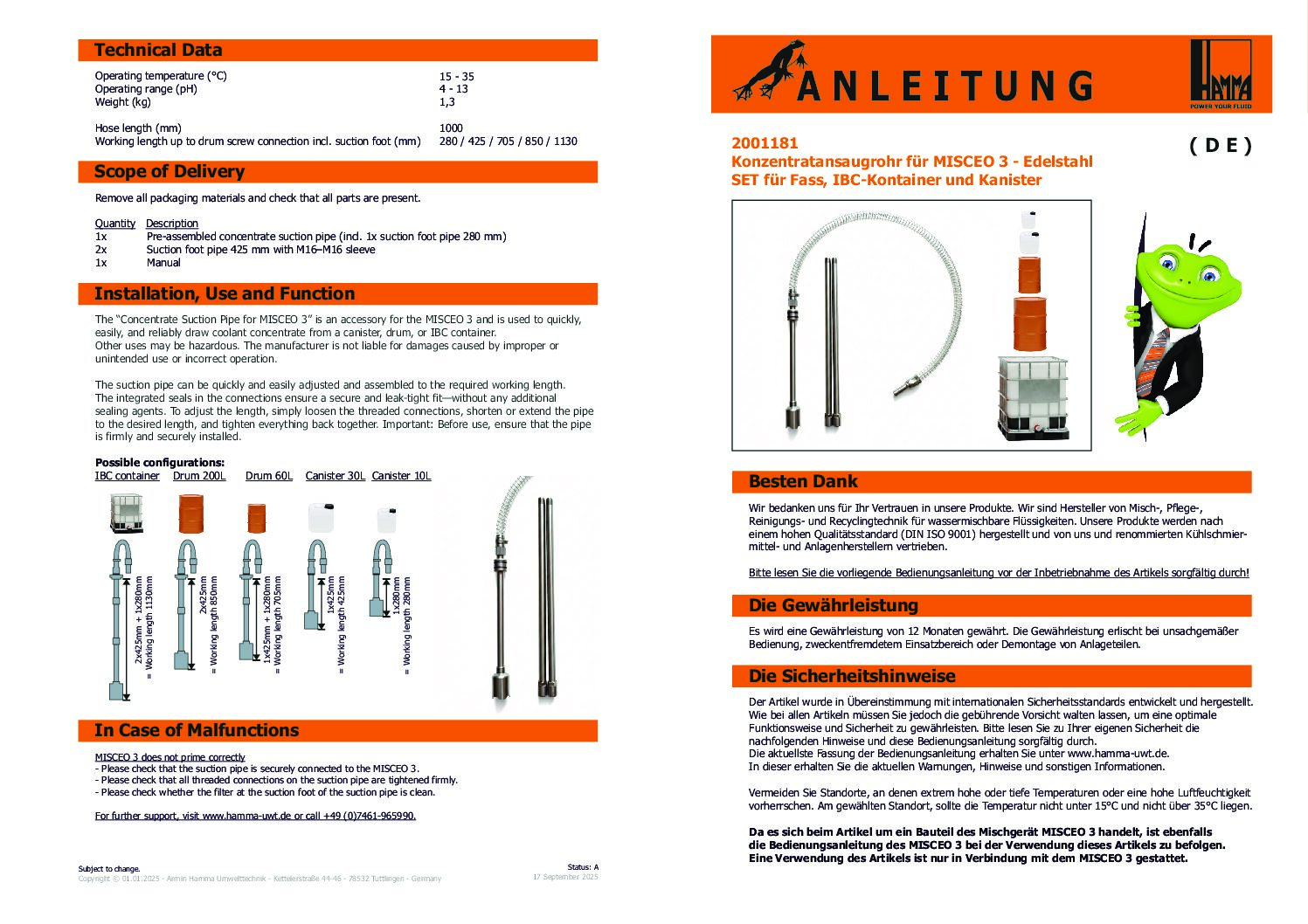 Bedienungsanleitung 2001181 Konzentratansaugrohr für MISCEO 3